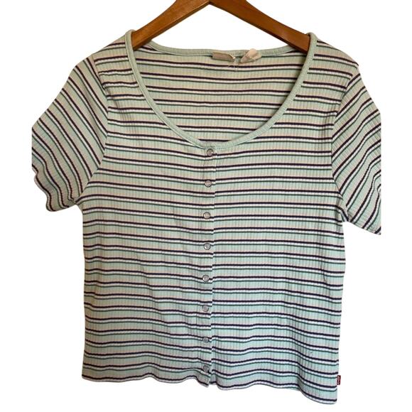 Levi’s Button Up Y2K Western Style Blue Striped Cropped Tee 100% Cotton Size XL - Picture 1 of 6